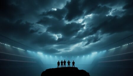 Create an image of a football stadium with a dark, stormy sky, symbolizing the tough journey ahead for newly promoted teams. Include silhouettes of three teams standing at the edge of a cliff, representing the relegation zone, with a vast chasm below signifying the drop to the Championship.