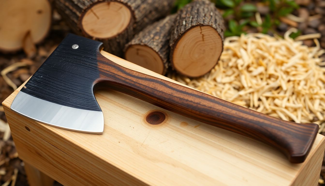 A sleek and shiny Silky Ono Hatchet resting on a chopping block, with a few precisely cut logs and a handful of wood shavings surrounding it.