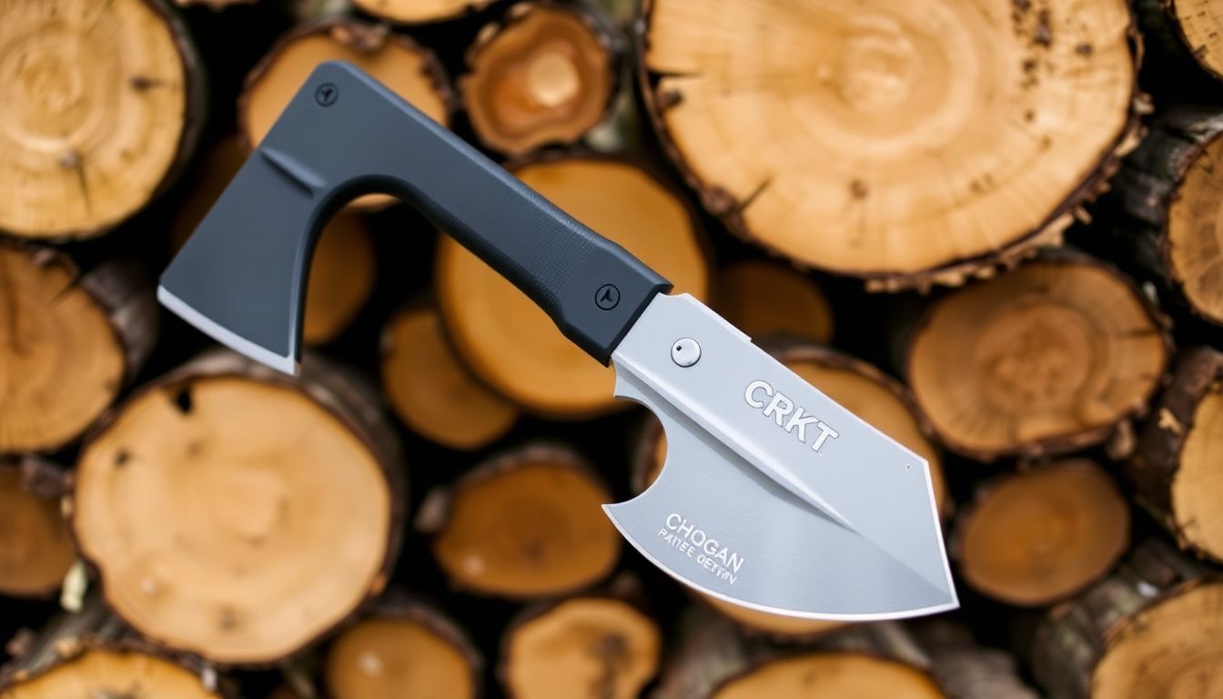 A close-up of the CRKT Chogan Hatchet, showing its durable steel head and glass-reinforced nylon handle, with a pile of split softwood logs in the background.