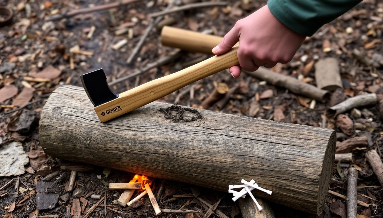 The Gerber Bushcraft Hatchet in action, splitting a log in a wilderness setting, with a small pile of kindling and a few waterproof matches scattered nearby.