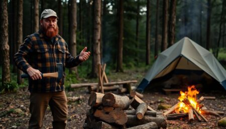 A rugged outdoorsman standing in a forest, holding a hatchet, with a pile of freshly split wood nearby. The scene is serene, with a campfire in the background and a tent set up under the stars.