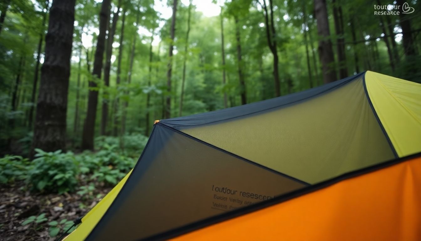 A close-up shot of the Outdoor Research Helium Bivy set up in a lush forest, with the bug screen and ventilation features clearly visible.