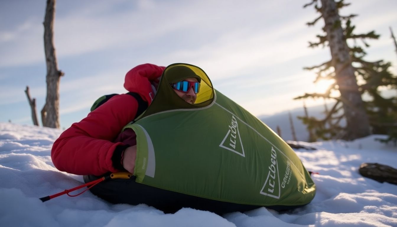 A hiker using the Outdoor Research Alpine AscentShell Bivy on a cold and clear winter day, with the bivy protecting them from the elements.