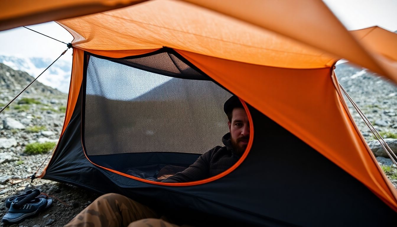 A camper setting up the Katabatic Gear Piñon Bivy under a tarp in a montane ecosystem, with the mesh upper suspended above their face.