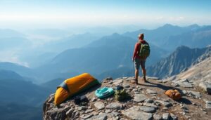 An adventurer standing on a rocky cliff overlooking a vast mountain range, with a bivy sack and other camping gear scattered around them. The scene should evoke a sense of freedom, exploration, and preparedness.