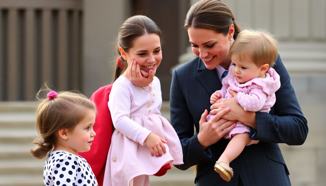 A heartwarming scene of Kate Middleton with her children, balancing her royal duties and family responsibilities.