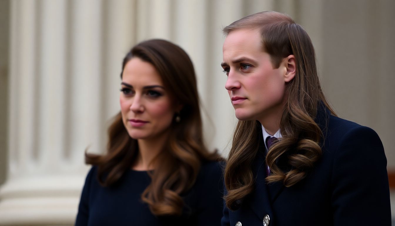 A thoughtful Prince William and Kate looking at the throne with a mix of determination and concern.