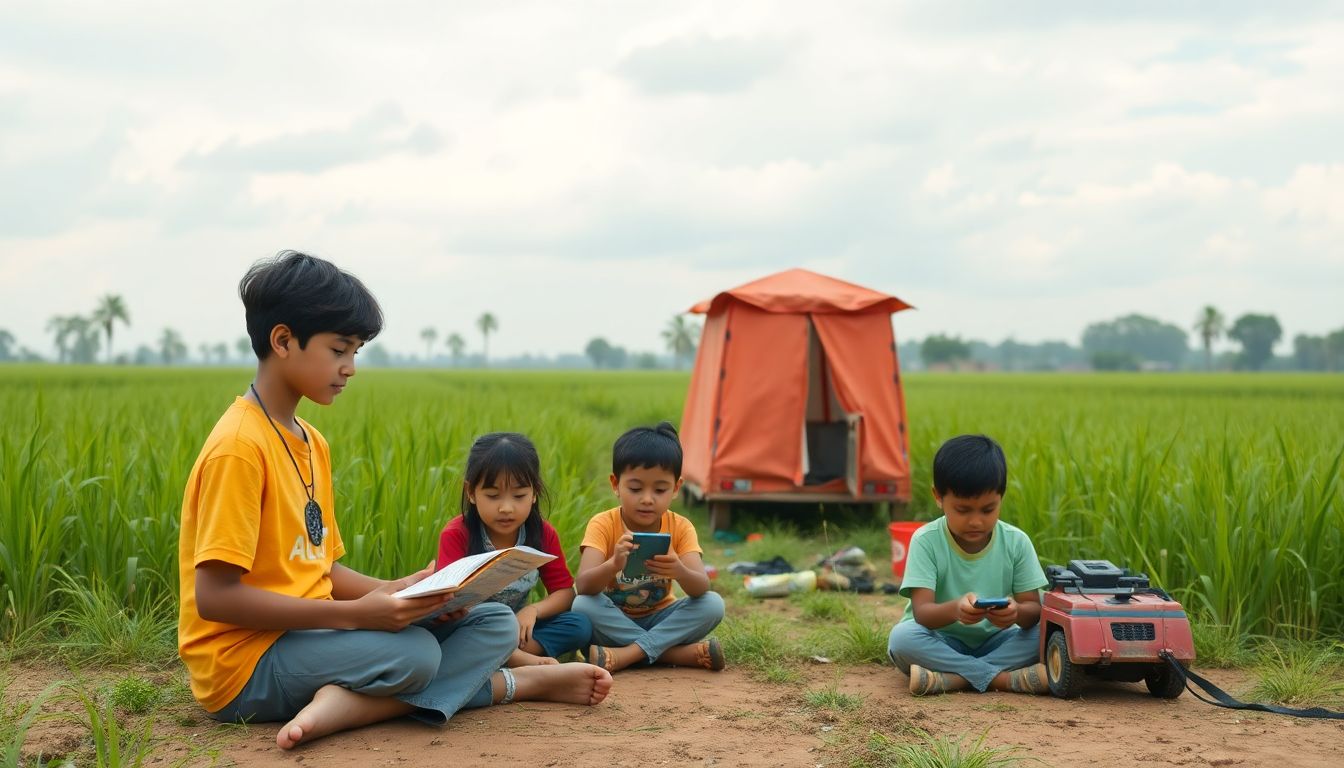 Create an image showing rural students using offline learning materials and mobile technology hubs to continue their education during a disaster.