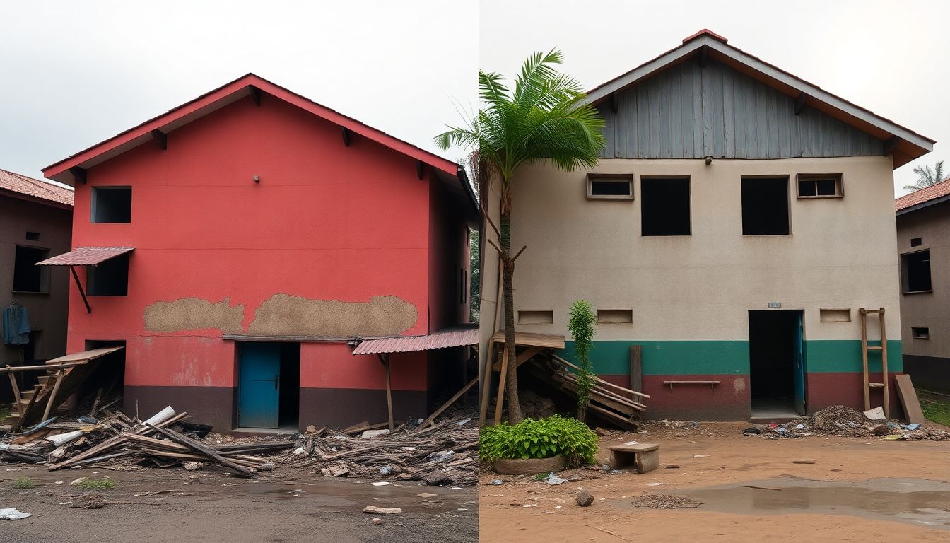 Create an image showing the contrast between urban and rural school infrastructure during a natural disaster, highlighting the limited resources in rural areas.