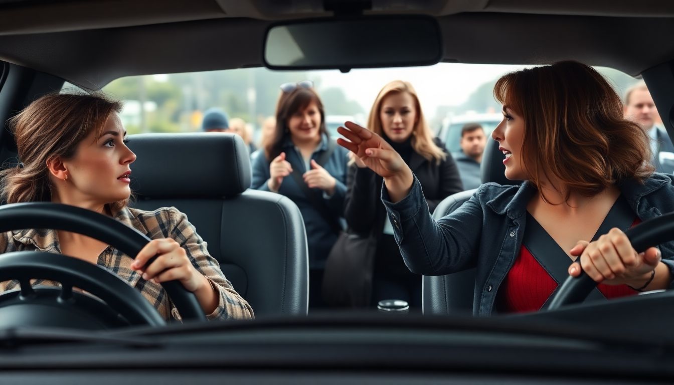 Generate an image of two women in a heated argument, with other motorists watching and gesturing in frustration. Include a concerned child in one of the women's cars, and a hint of the chaos and gridlock surrounding the scene.