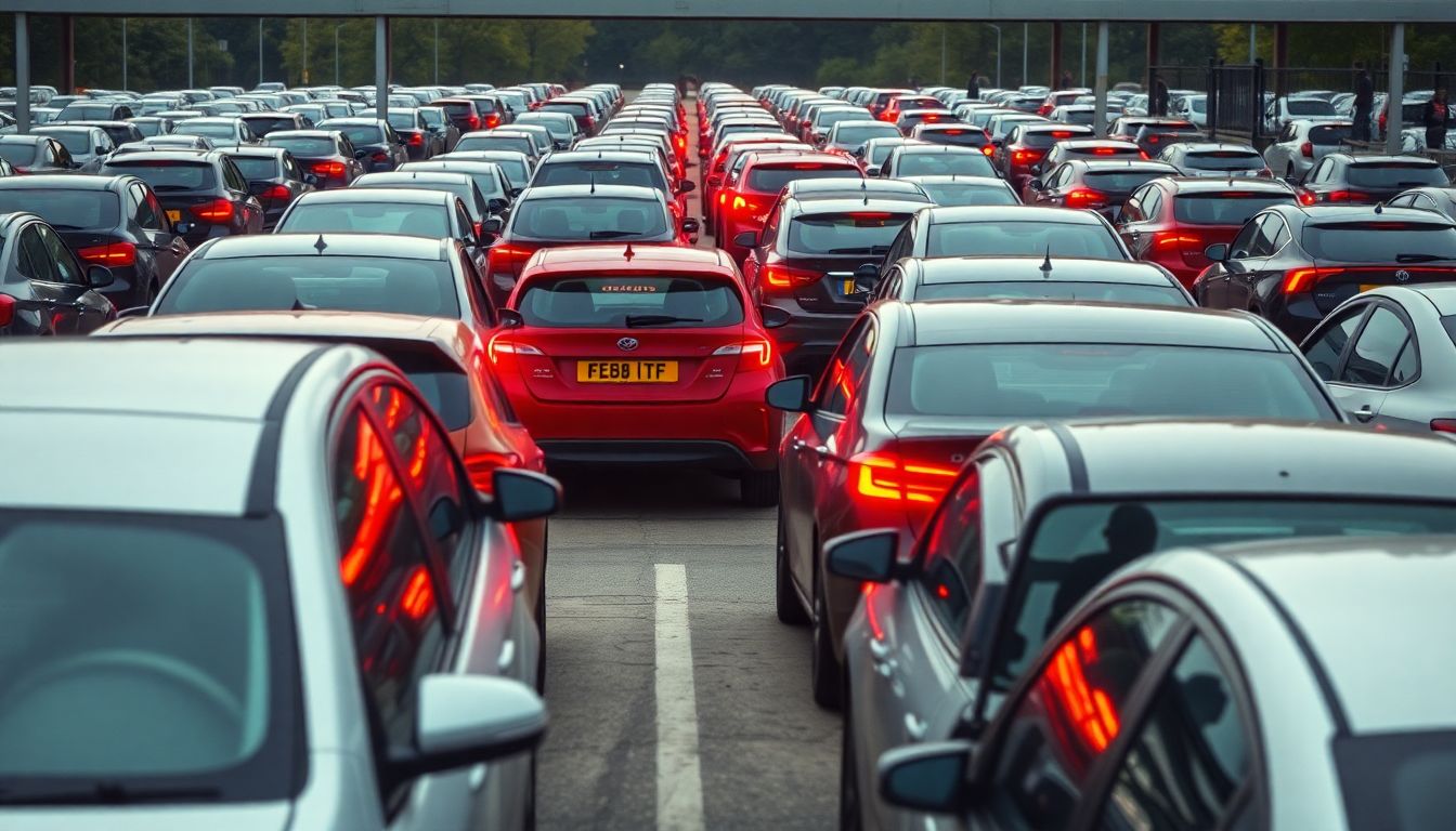 Create an image of a sea of cars stuck in the car park, with some drivers anxiously checking their watches, while others are seen arguing through their car windows. Include a scene of a few people trying to manually open a typically-shut gate to create an escape route.