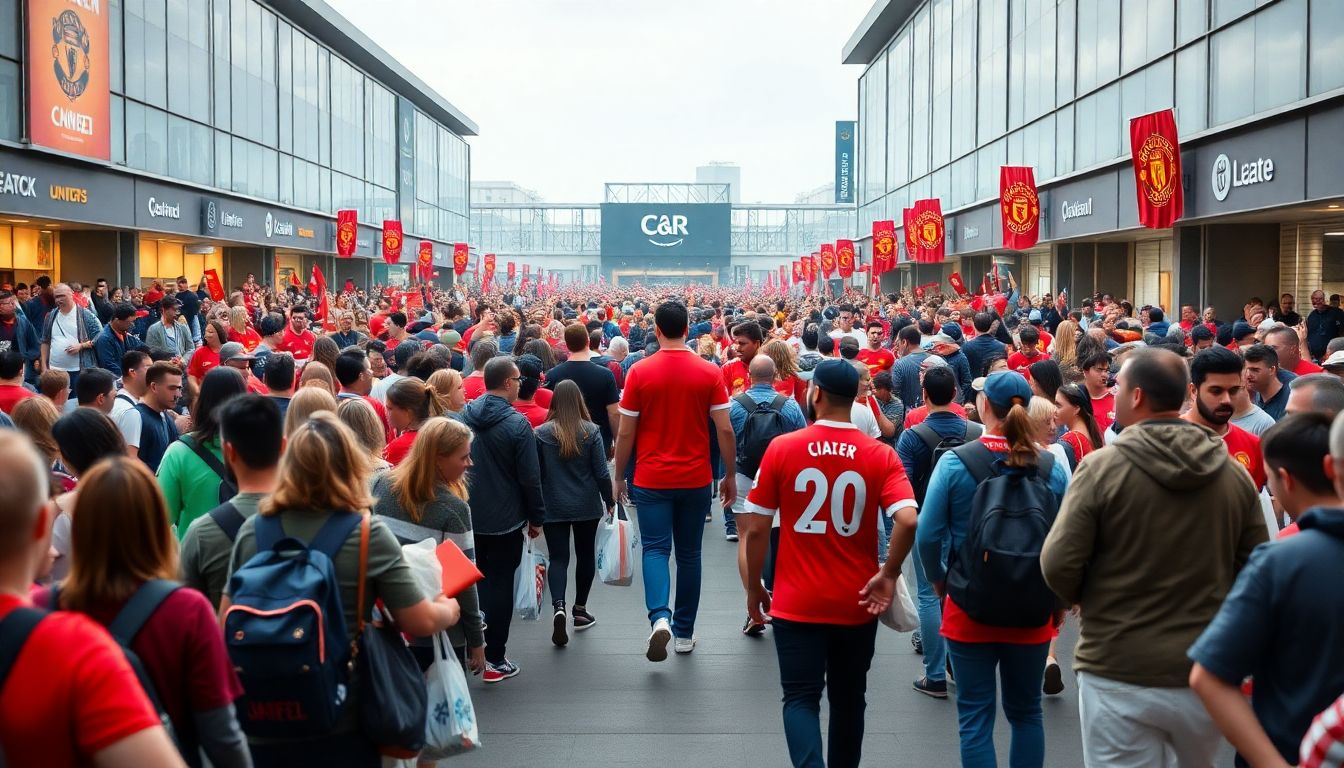 Generate an image of a massive crowd of shoppers laden with bags walking towards the car park, while a group of football fans in Manchester United gear are seen approaching from another direction, all converging towards the same area.