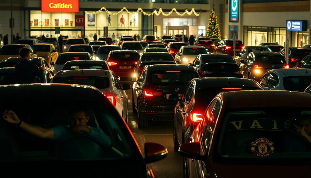 Create an image of a bustling shopping centre car park at night, filled with cars stuck in gridlocked traffic. Include frustrated drivers gesturing from their windows, some even arguing with each other. A few people are seen standing outside their vehicles, observing the chaos. The shopping centre in the background is brightly lit with Christmas decorations, and a hint of football scarves or flags in some cars to represent the Manchester United fans.