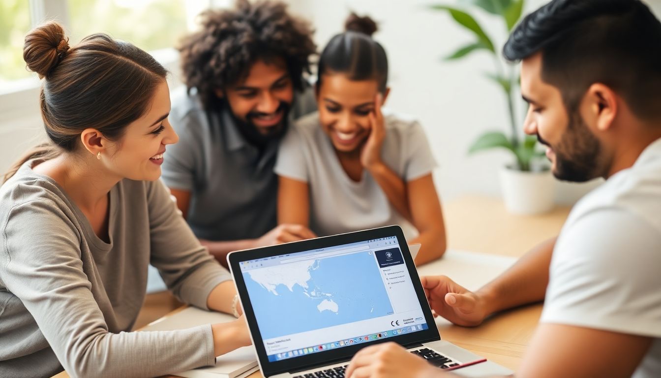 A family creating a care plan together, with a laptop showing a map of the Pacific region and emergency contact information.