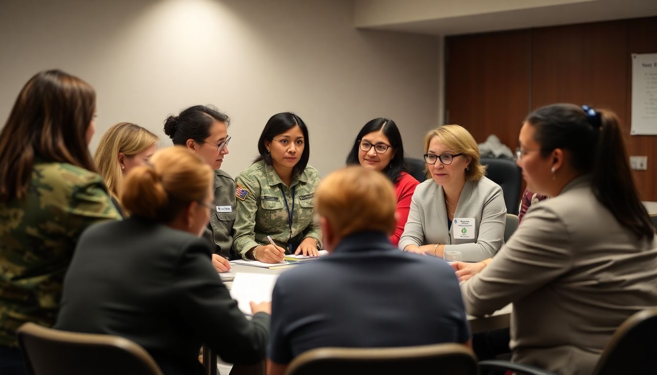 A diverse group of individuals, including military spouses, airmen, and federal employees, working together in a support program meeting.