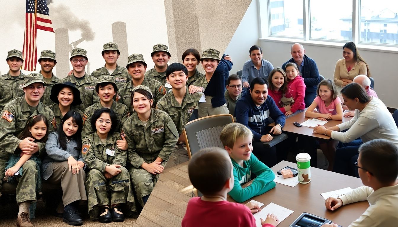 A historical photo of military families during the 9/11 era, contrasted with a modern image of a family readiness group meeting.