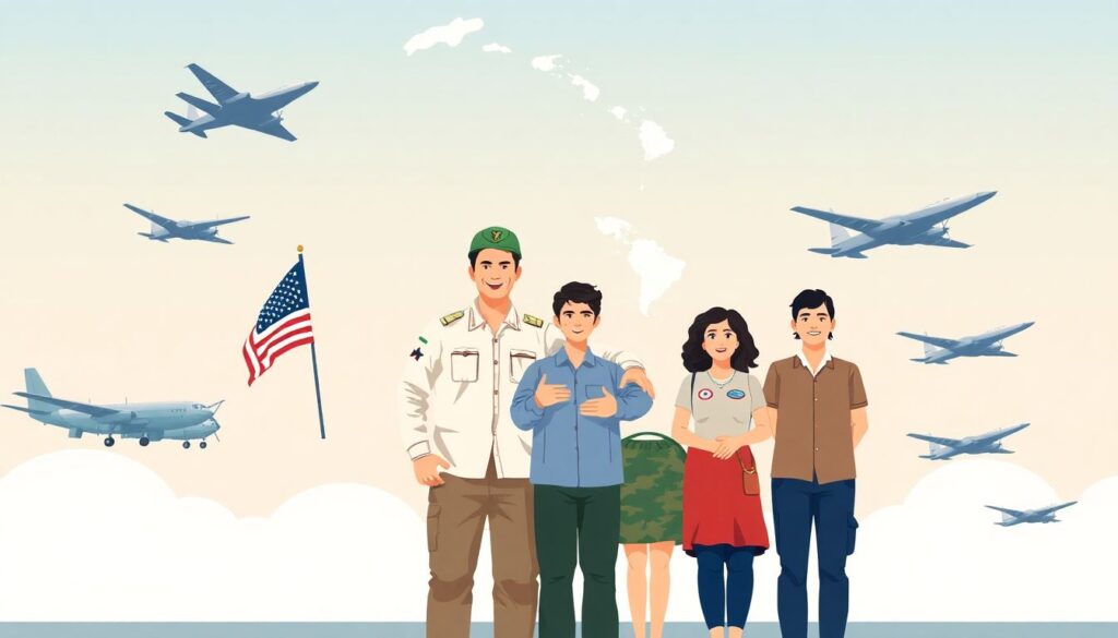 An illustration showcasing a military family standing united, with a backdrop of Air Force planes and a map of the Pacific region, symbolizing preparedness and resilience.