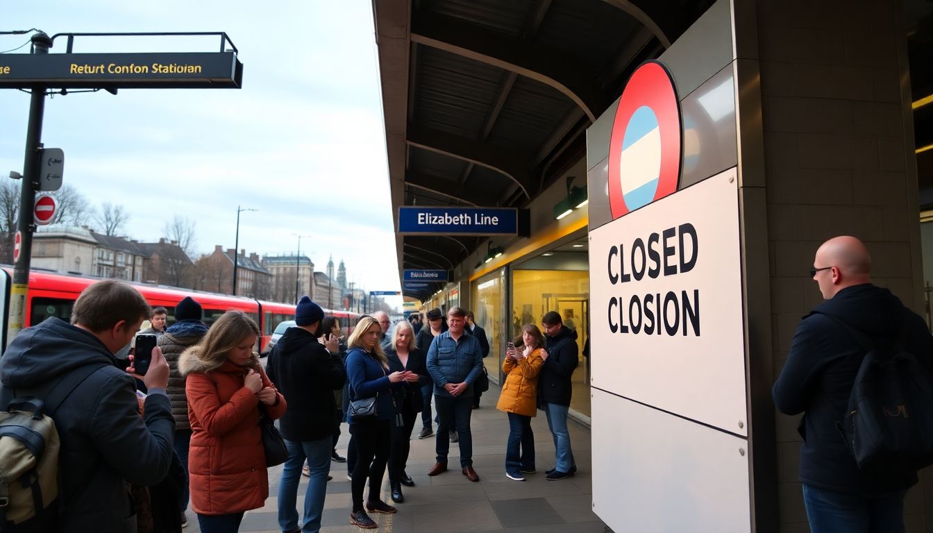 Create an image of a closed Elizabeth line station with commuters gathered outside, checking their phones for updates.