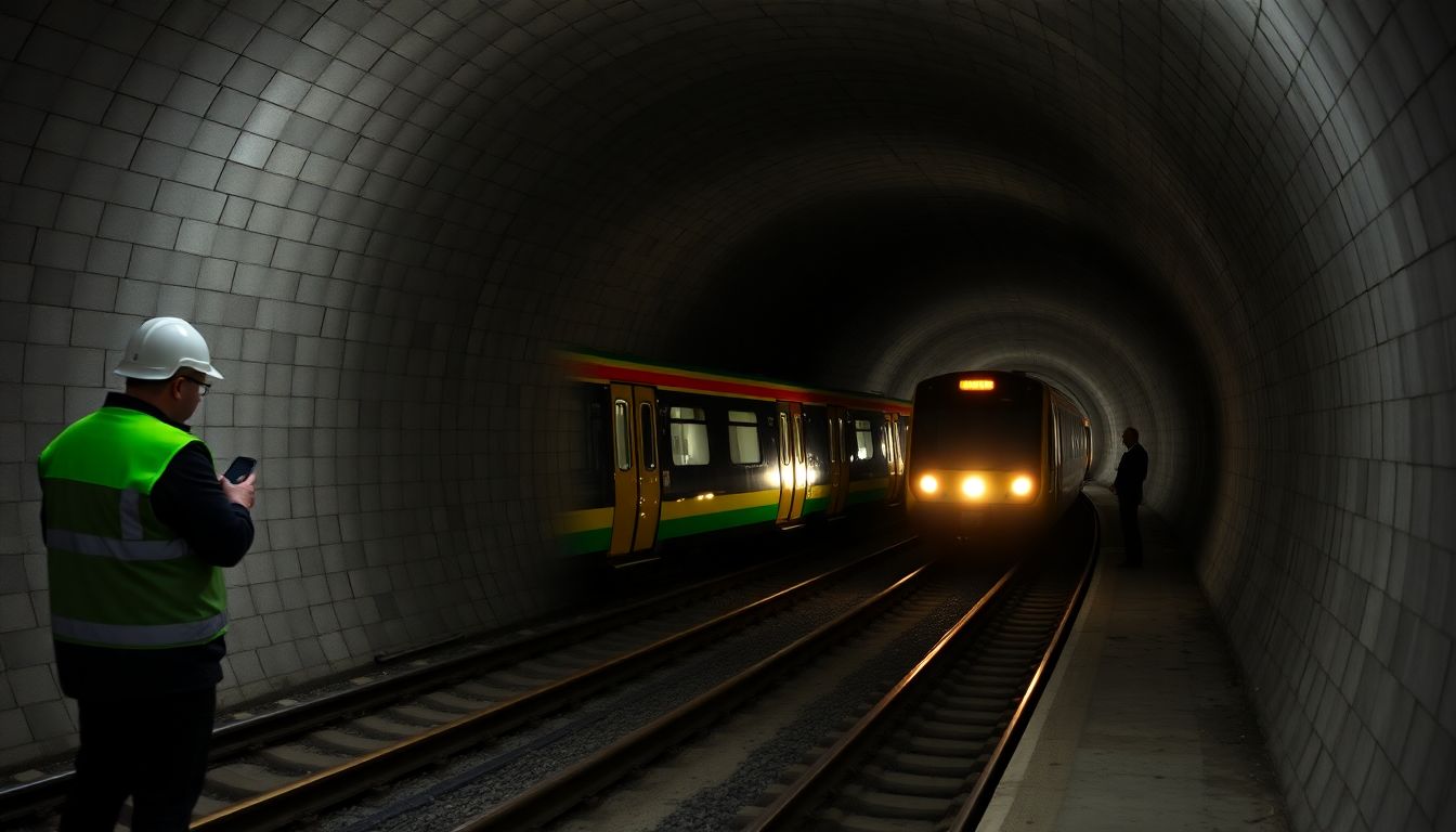 Create an image of the Elizabeth line running test trains through the tunnels at night, with engineers monitoring the progress.