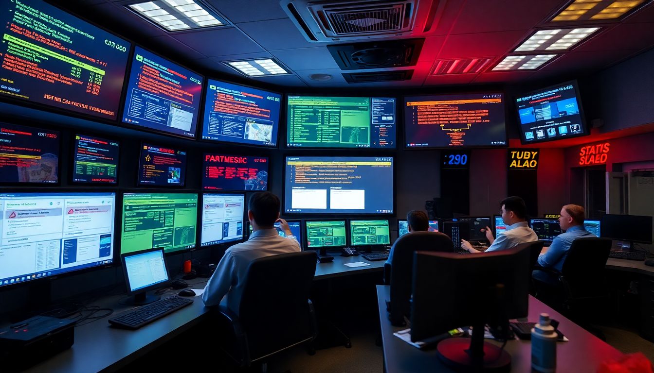 Generate an image of a control room with staff monitoring screens showing error messages and flashing alerts.