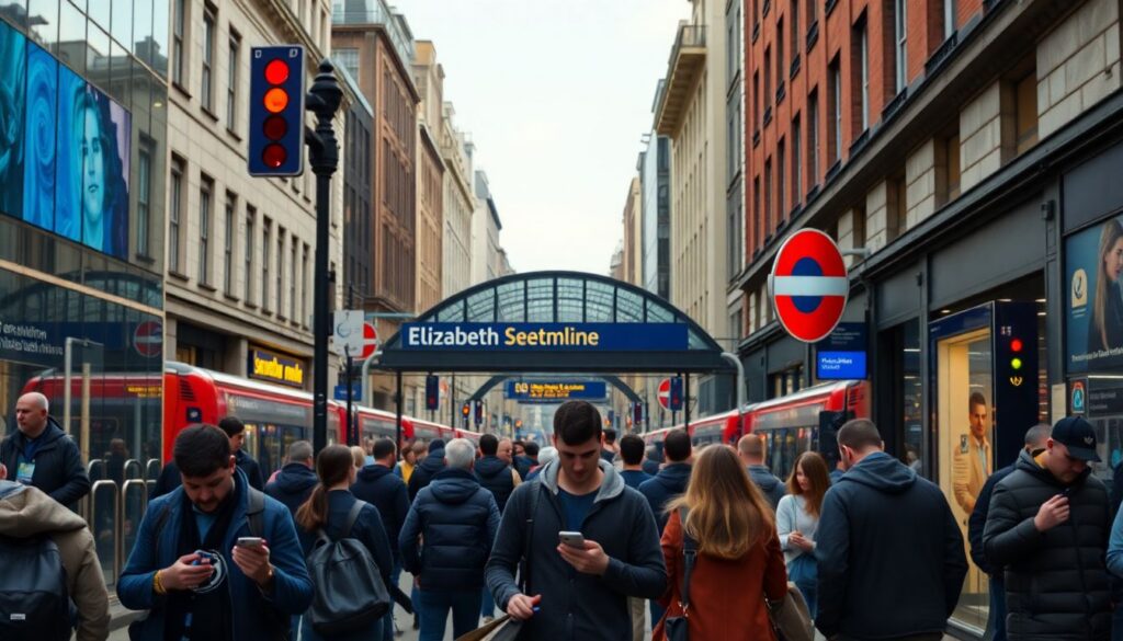 Create an image of a bustling London street with the Elizabeth line station in the background, showing commuters checking their phones for updates amidst the signalling chaos.