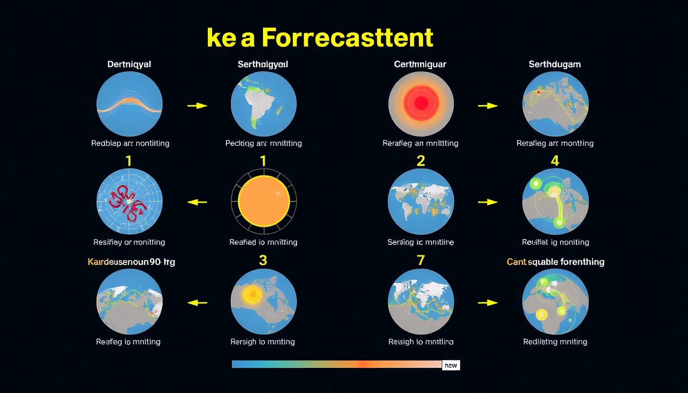 A visual representation of earthquake forecasting methods, including seismic monitoring and predictive models.