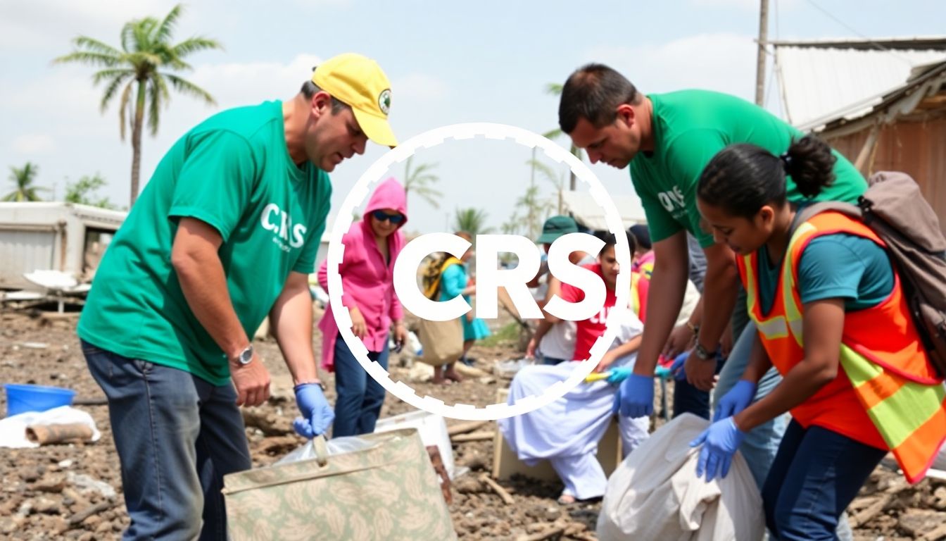 Generate an image of CRS volunteers in action, helping victims of natural disasters, with the CRS logo prominently displayed.