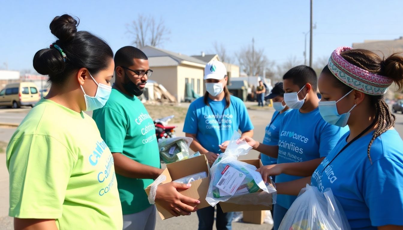 Create an image of Catholic Charities USA volunteers distributing aid to victims of natural disasters, with a focus on the compassion and support provided.