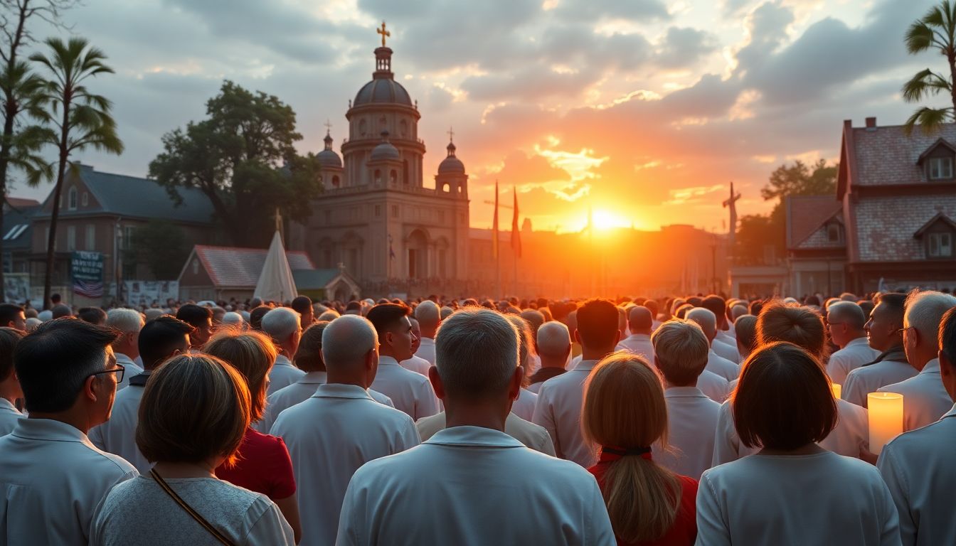 Generate an image of a Catholic community gathered in prayer, with a backdrop of natural disaster scenes and symbols of faith and hope.