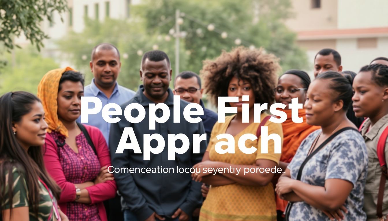 Design an image showcasing diverse community members collaborating with emergency managers, emphasizing the People First Approach.