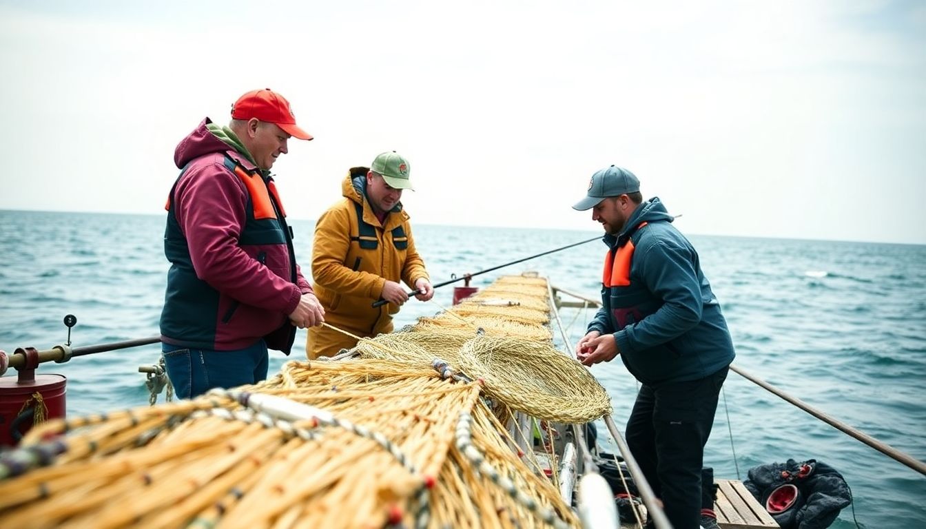 Generate an image of the teams working together to set up fishing lines, with a sense of camaraderie and shared purpose.