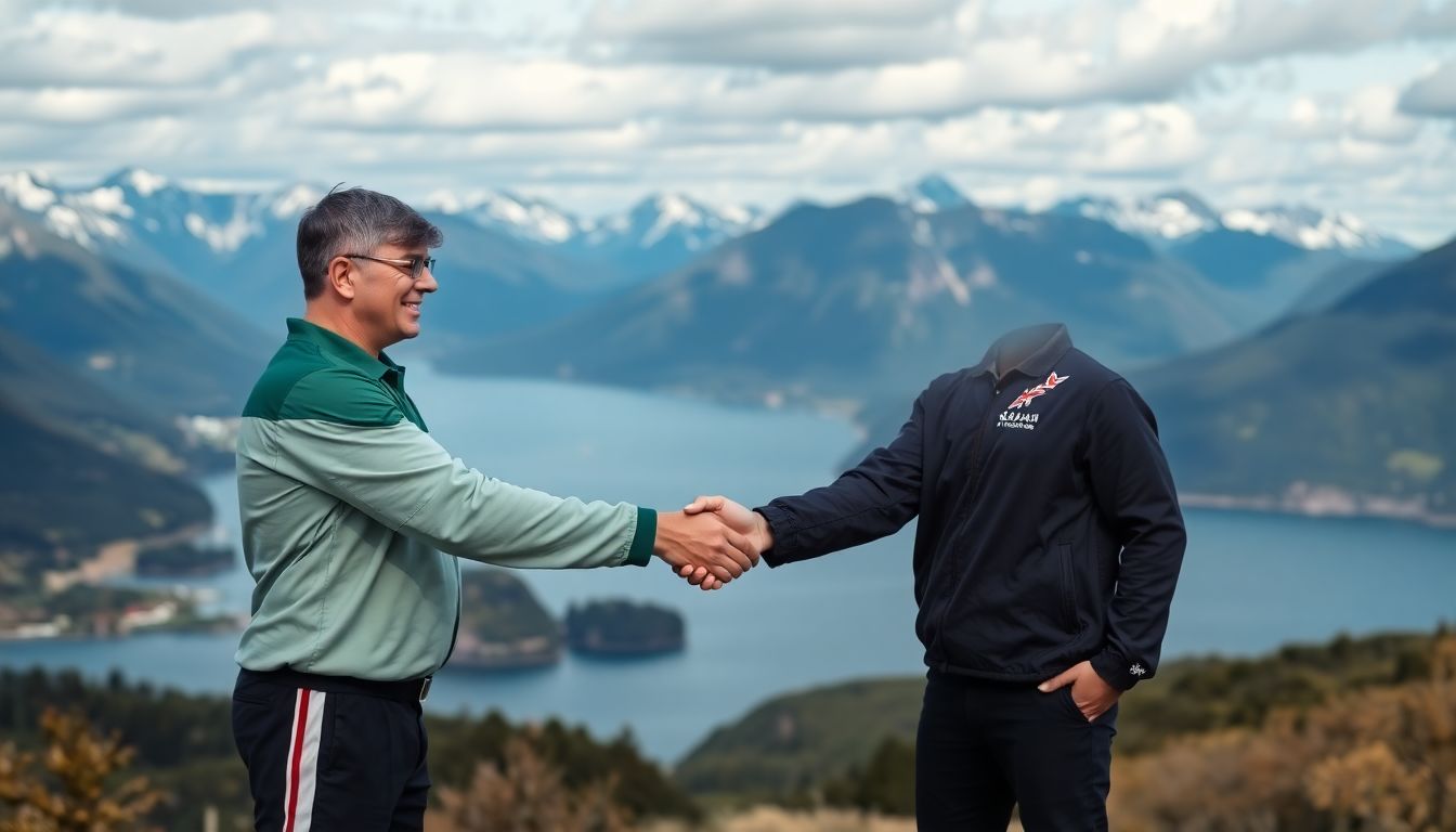 Create an image of the two teams shaking hands, with a scenic New Zealand landscape in the background, symbolizing their new alliance.