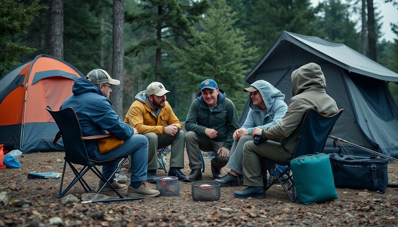 Generate an image of two teams huddled together in a survival camp setting, deep in discussion, with camping chairs and fishing gear visible.