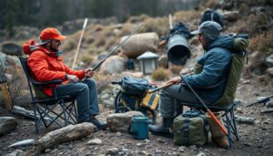 Create an engaging image that captures the essence of a strategic trade between two teams in a rugged, outdoor survival setting, with camping chairs and fishing gear prominently featured.