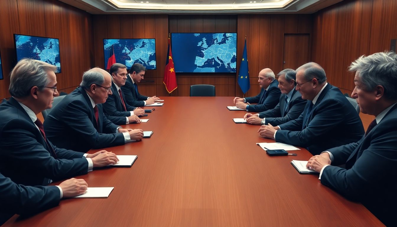 Generate an image of European leaders in a tense meeting, with maps of Brussels and news headlines about the chaos visible on screens.