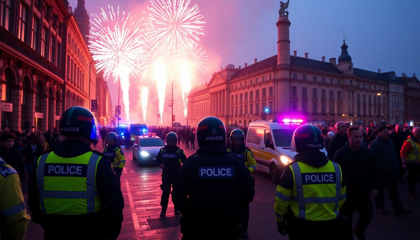 Create an image of police and emergency services responding to chaotic scenes in Brussels, with crowds gathering and fireworks exploding in the background.