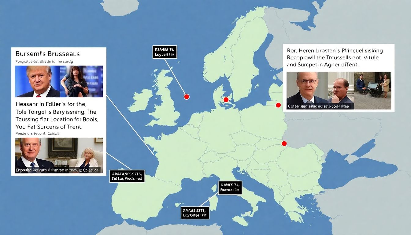 Generate an image of a map of Europe with highlights on key areas of tension, including Brussels, and visuals of political figures and news headlines.