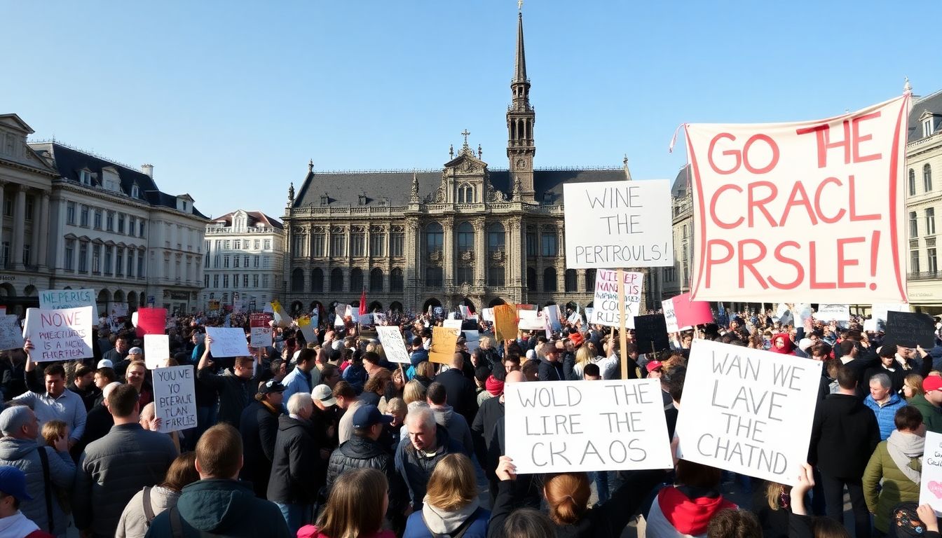 Create an image of a crowded square in Brussels with people holding signs and banners, expressing their feelings about the chaos.