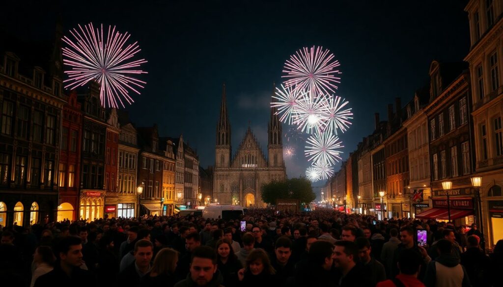 Generate an image of Brussels at night with fireworks in the background, crowds of people in the streets, and a sense of chaos and confusion.