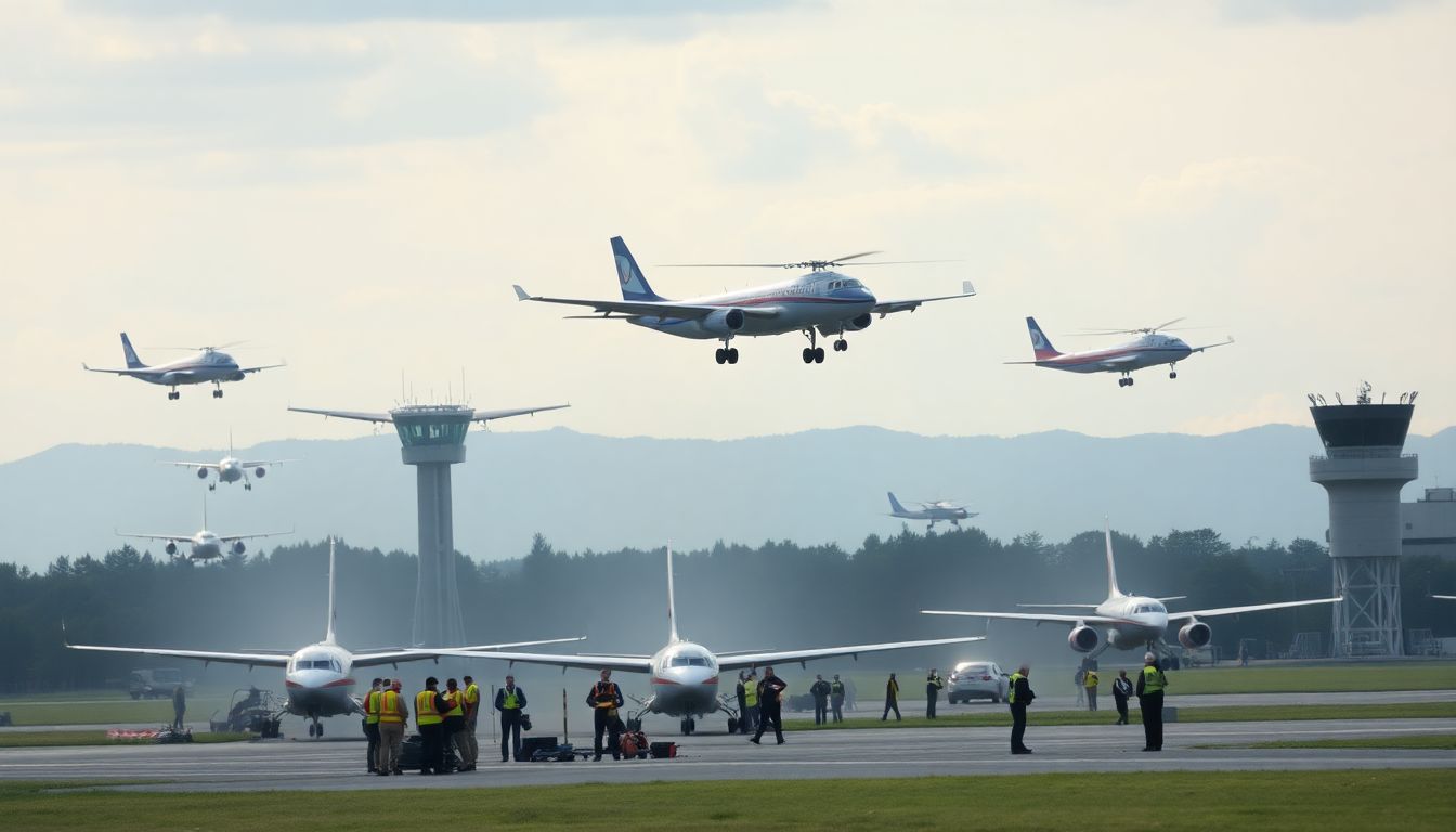 Create a visual of multiple aircraft in various stages of emergency landings, with control towers and ground crew in action.