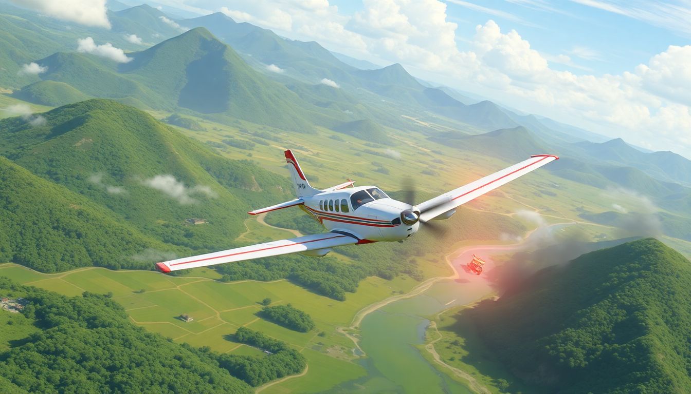 Create an illustration of a small aircraft in distress over a scenic Brazilian landscape, with emergency services rushing to the scene.