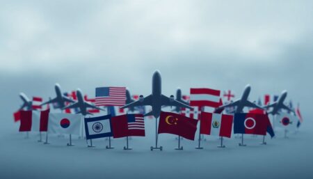 Generate an image depicting a somber mood with multiple airplane icons and international flags, symbolizing the global impact of the recent air disasters.