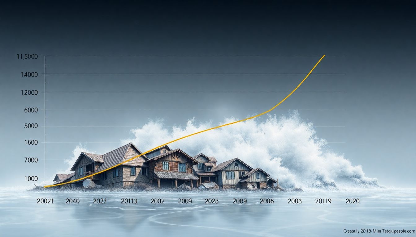 Create an image showing a graph of increasing natural disaster frequencies and costs over the years.