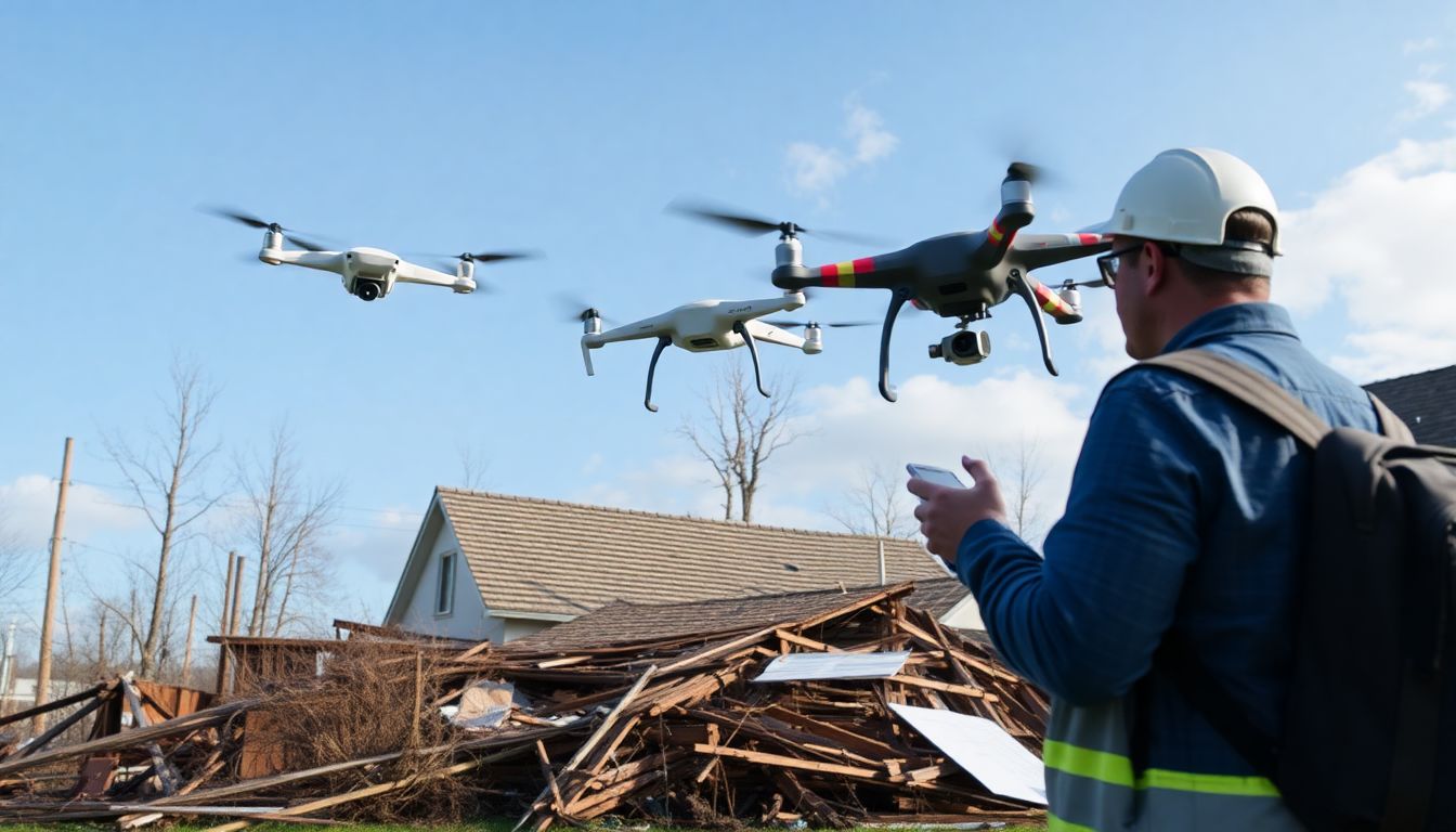 Depict a scene where adjusters use drones and satellite imagery to assess damage from a natural disaster.