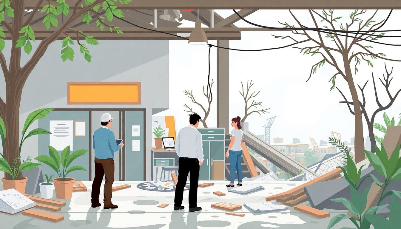 Illustrate a business affected by a natural disaster, with insurance adjusters working alongside business owners to assess the damage.