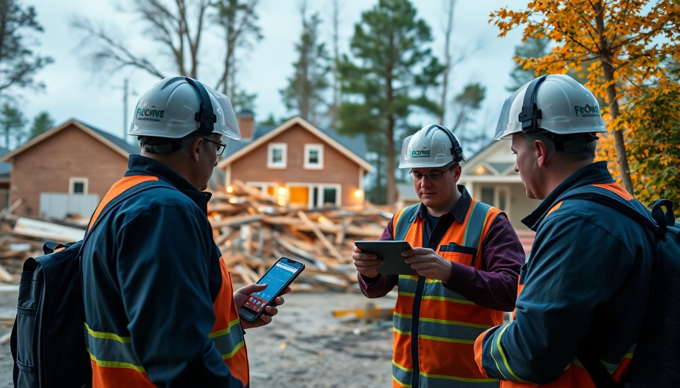 Show an insurance team using advanced technology to quickly assess and respond to a natural disaster scenario.