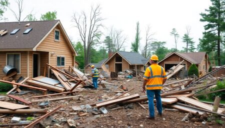 Generate an image of a natural disaster scene with insurance adjusters assessing the damage, highlighting the importance of quick and efficient claims management.