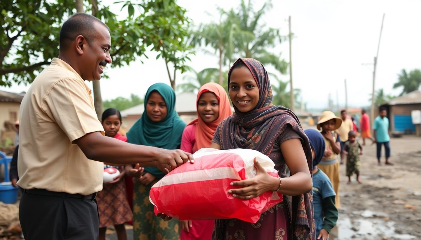 Generate an image of a community receiving aid after a natural disaster, with a focus on the immediate and tangible benefits of the L&D Fund.