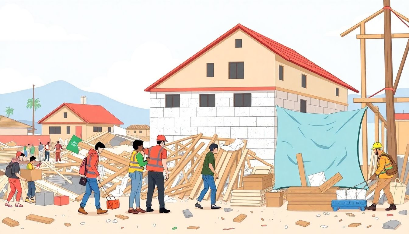 Illustrate a scene of recovery efforts, showing volunteers, aid workers, and reconstruction activities in progress.