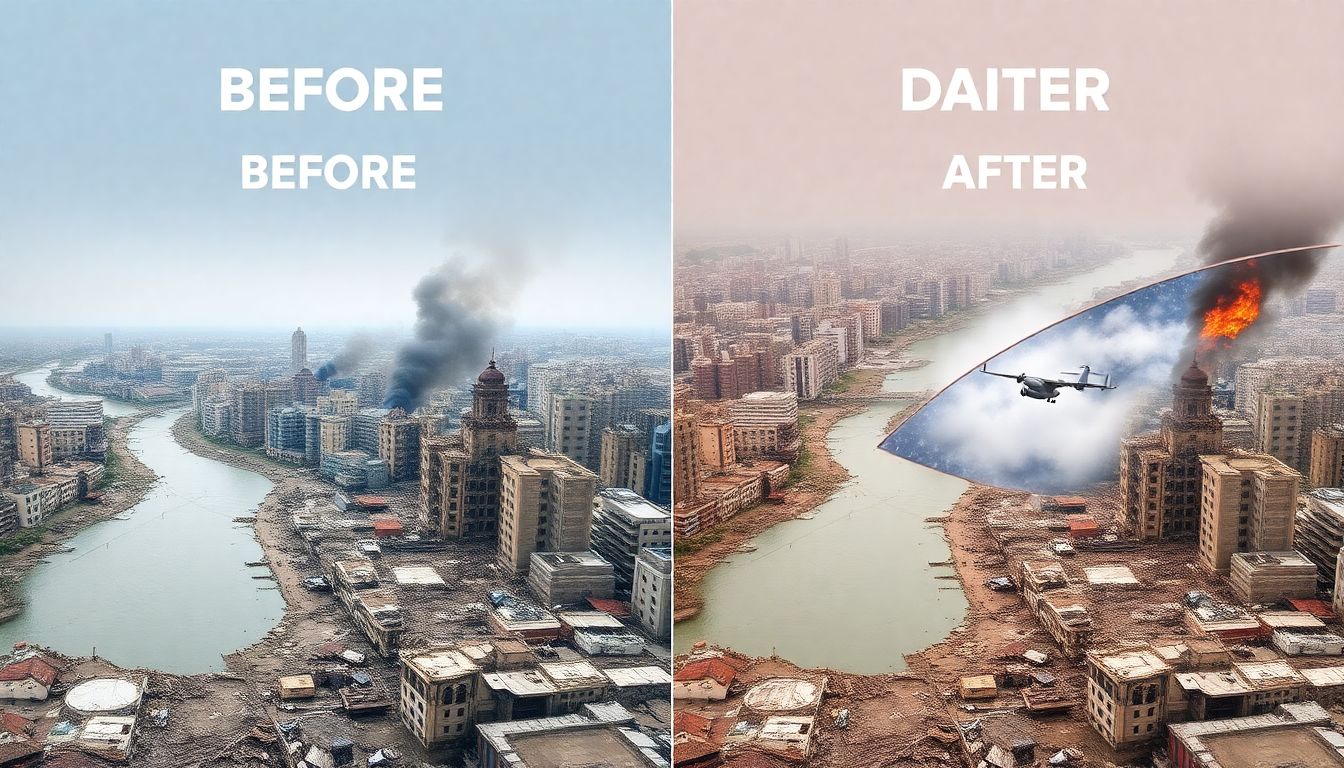 Design a graphic that shows the before and after images of the affected cities, highlighting the destruction and the humanitarian efforts.